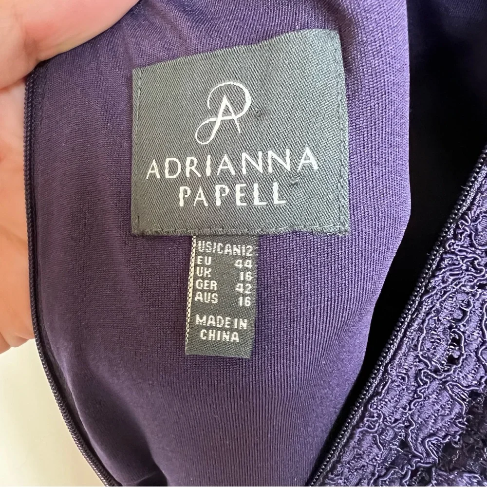 Adrianna Papell Purple Sleeveless Lace Illusion Column Gown, Size 12 - Picture 4 of 8